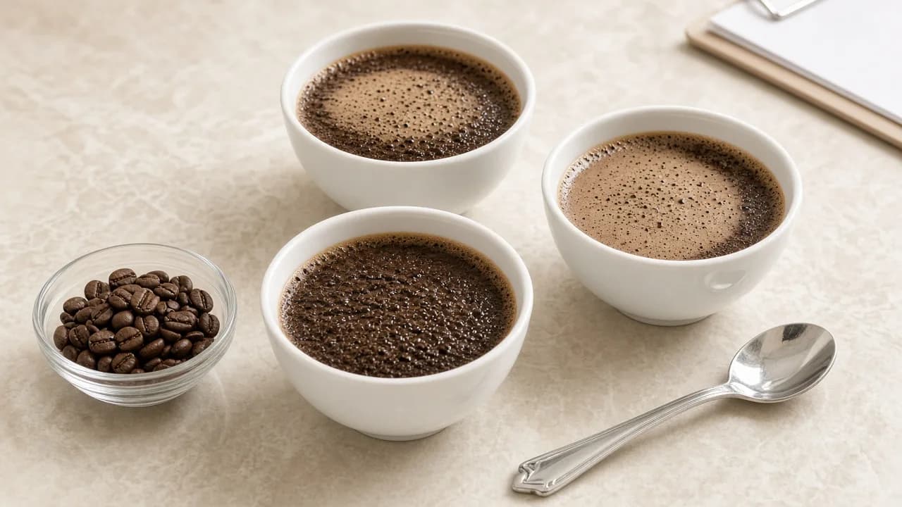 Coffee cupping bowls, spoon, and beans in bright studio light