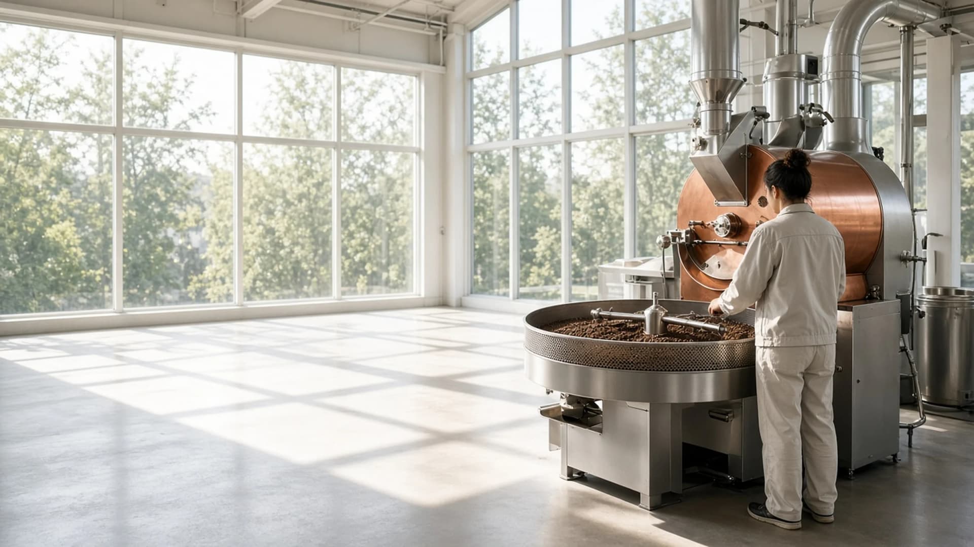 Specialty coffee cupping bowls and roasted beans on a bright cream table