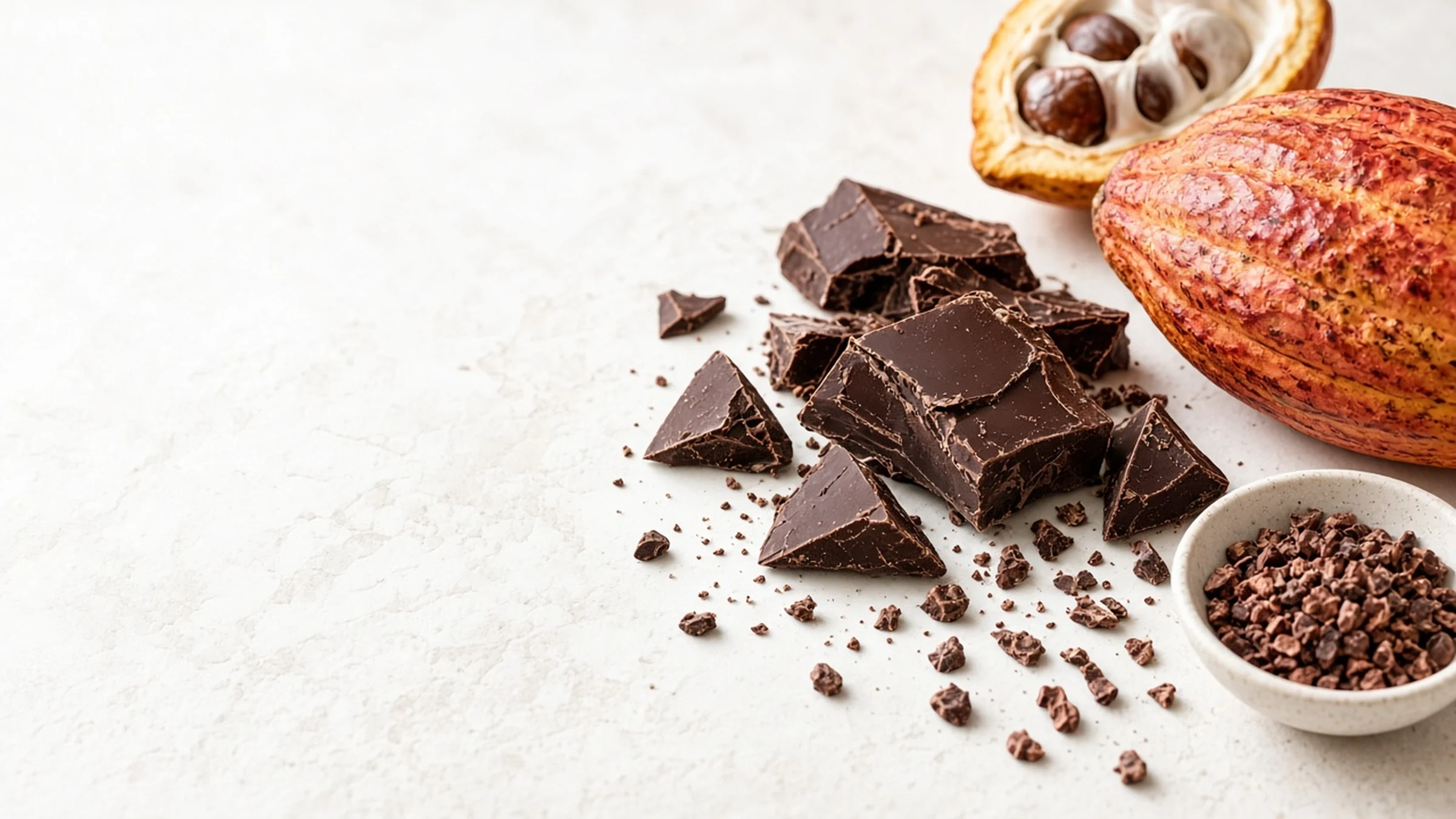 Cacao pod and dark chocolate pieces on ivory stone